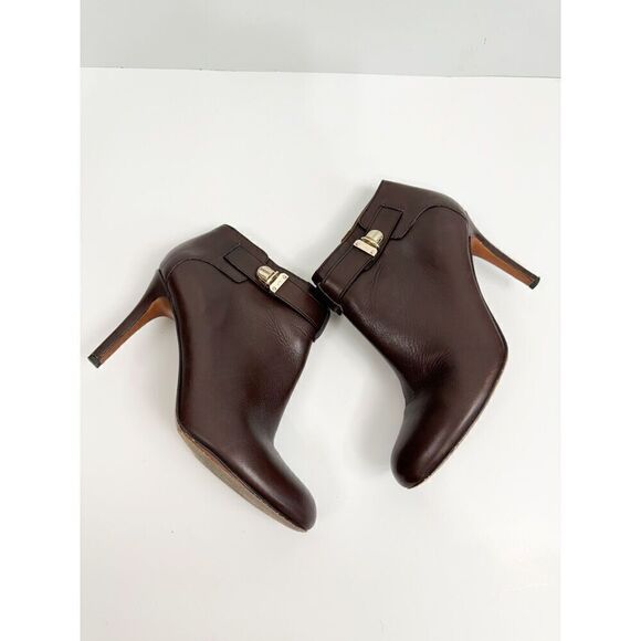 Coach Sondra Sz 8 Brown Leather Heeled Bootie Gold Logo Buckle Strap Side Zip - Picture 1 of 7